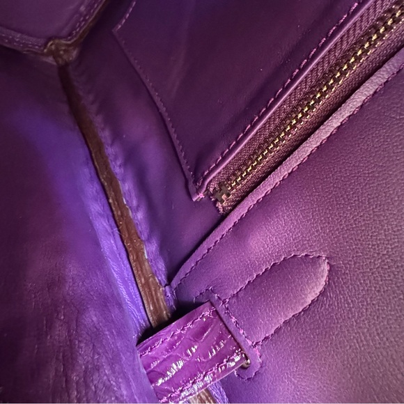 LEATHER INSIDE & OUT Purple Arch Bead 30 BK High Gloss Croc 3D Emboss Satchel B1 - Picture 10 of 16